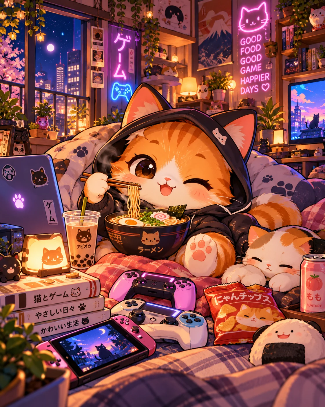 Cozy Gamer Cat Chibi — anime-inspired wall art