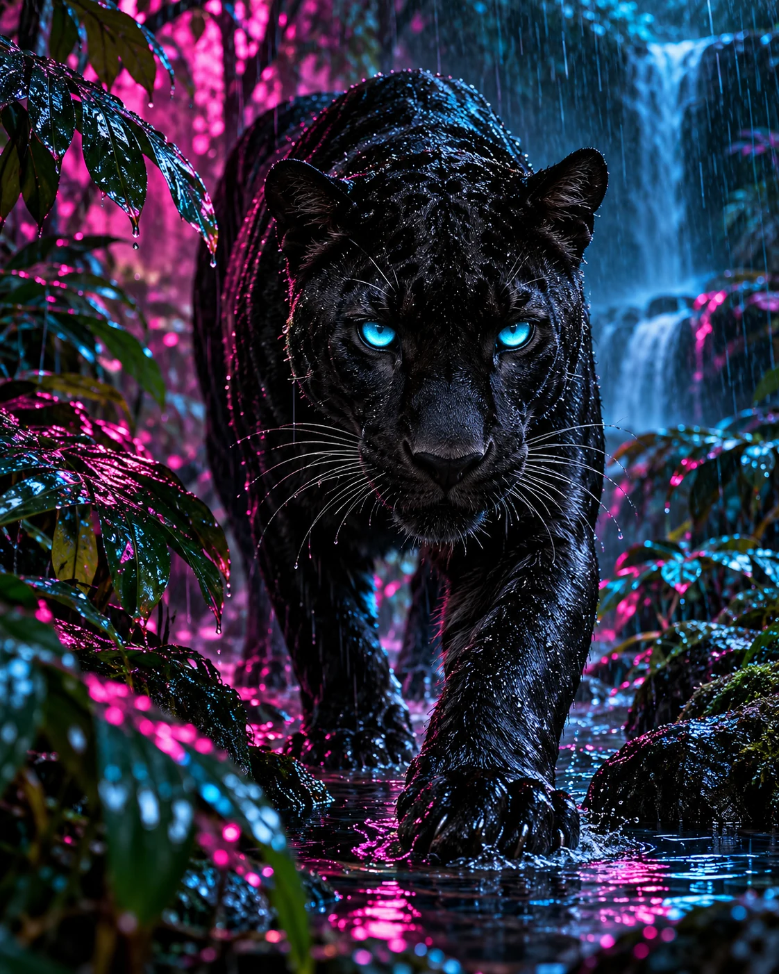 Neon Panther Rain — animal wall art